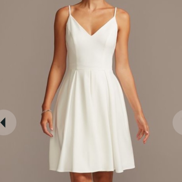 David's Bridal Dresses & Skirts - Spaghetti Strap Stretch Crepe Fit And Flare Short Wedding Dress and Veil